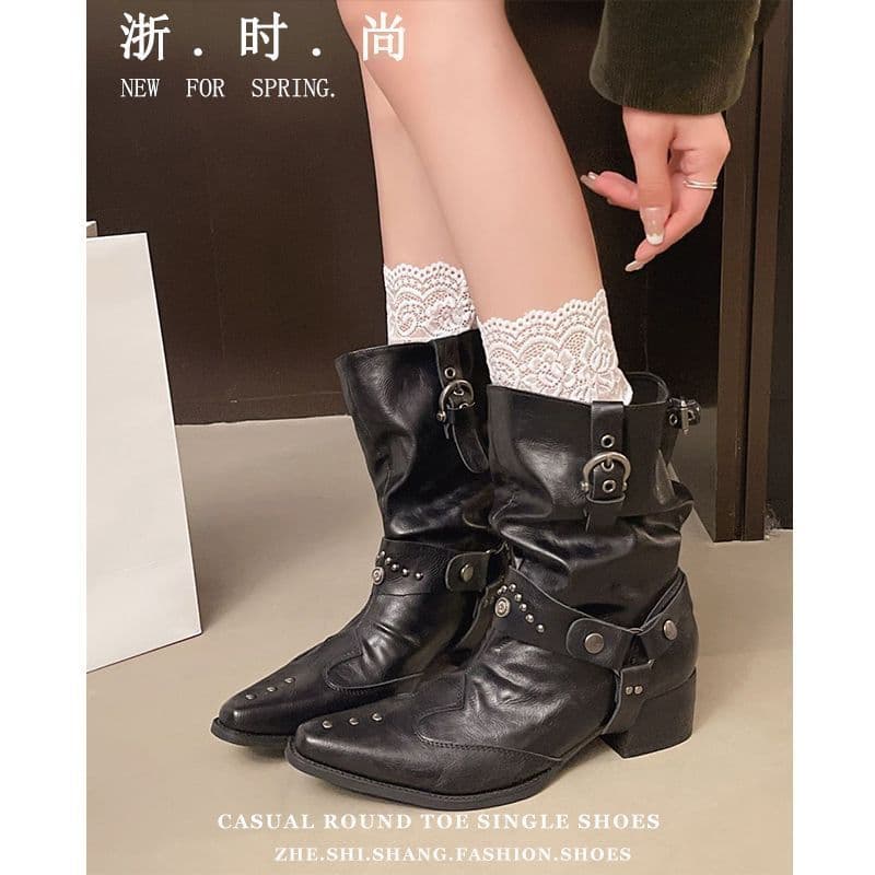 Nicho dedo do pé apontado salto grosso rebites Martin botas femininas 2026 inverno novo estilo estilo britânico mais mag