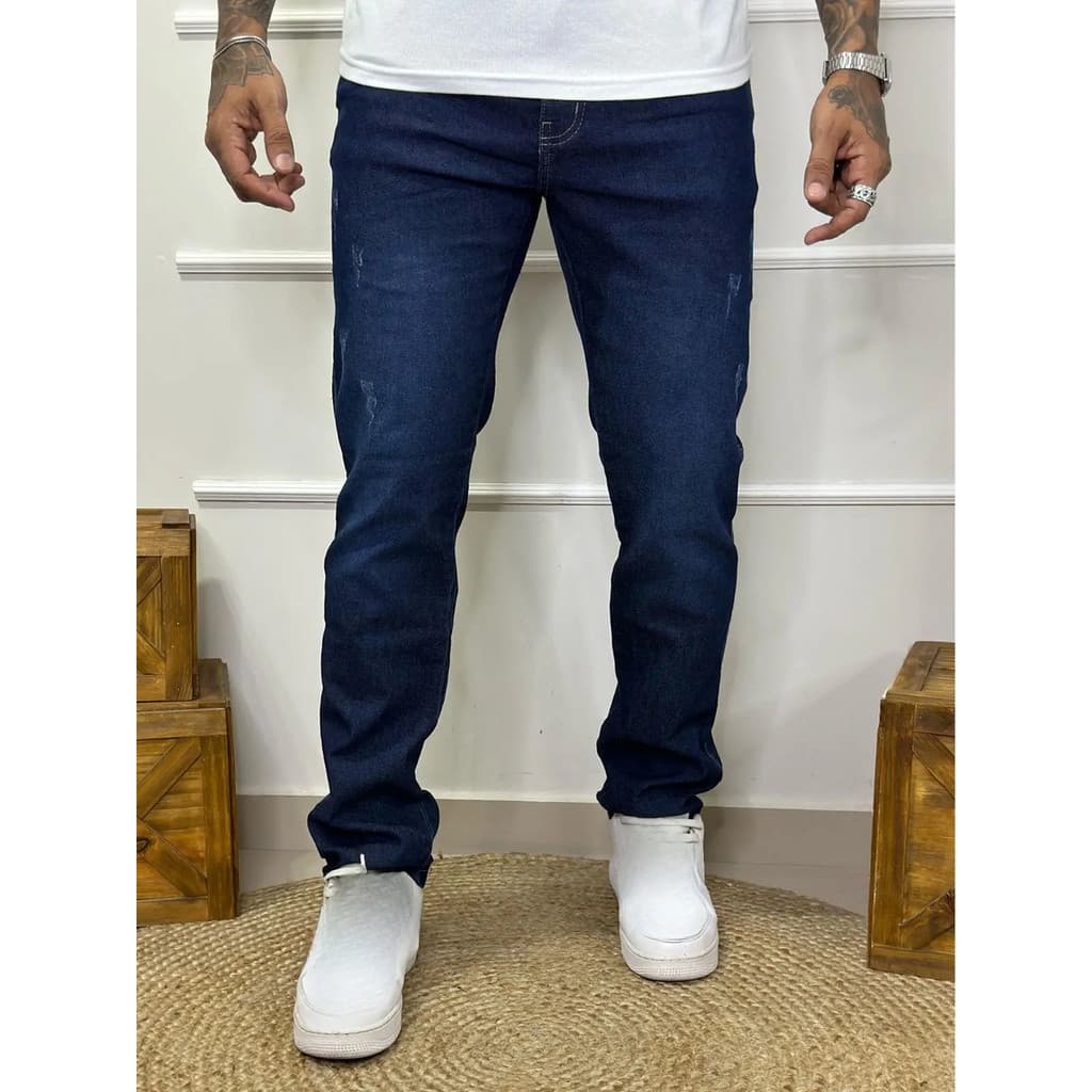 Calça Jeans Masculina Escura Elastano Casual Estilo