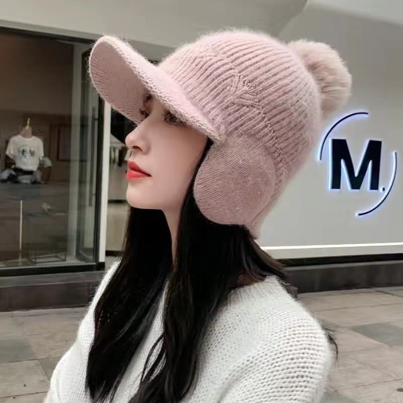 Chapéu de lã feminino à prova de vento e protetor de orelhas para o inverno, chapéu de malha espesso e forrado com lã, r