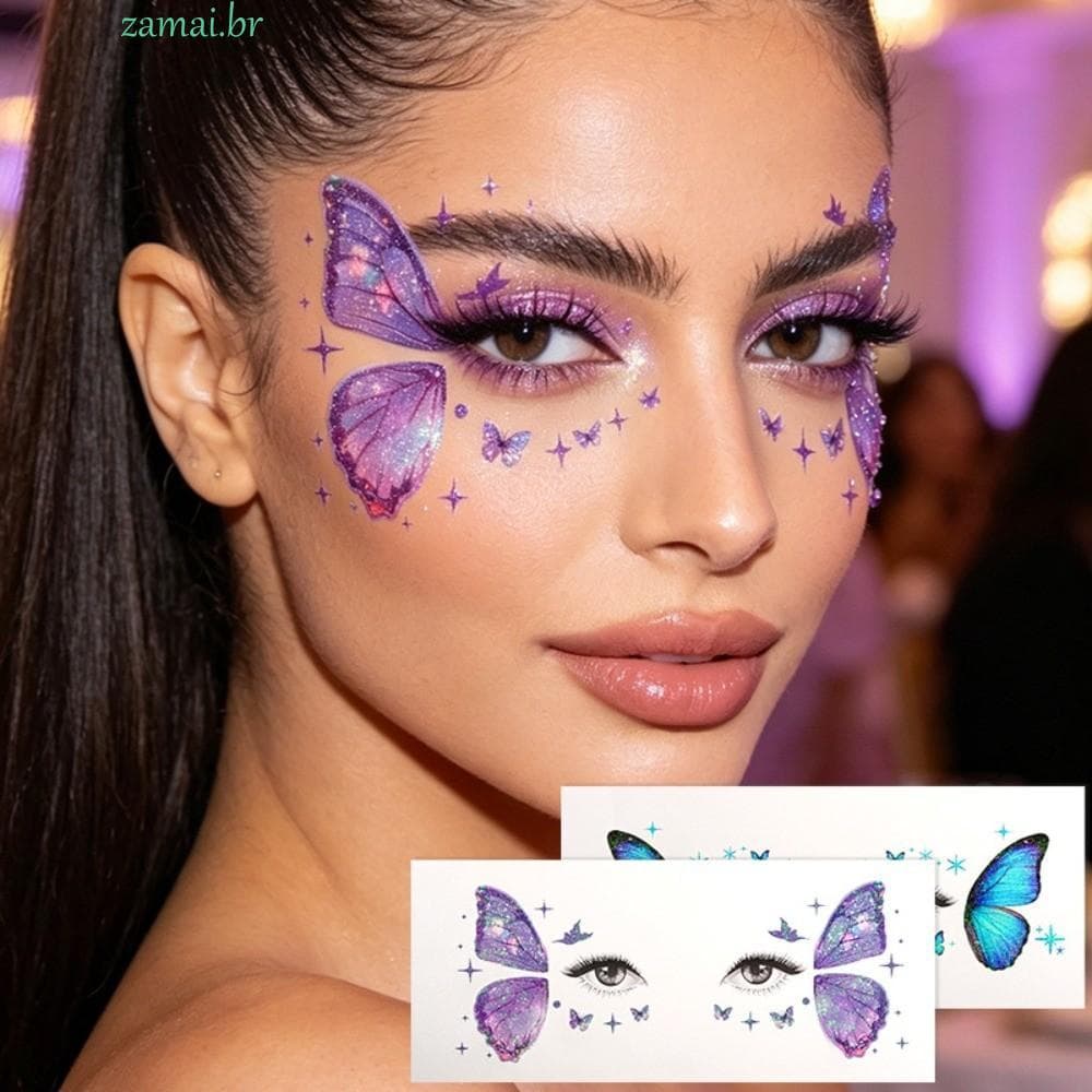 Tatuagem Facial De Borboleta Com Glitter ZAMAI , Adesivo De Coração Estrela De Longa Duração , Realista