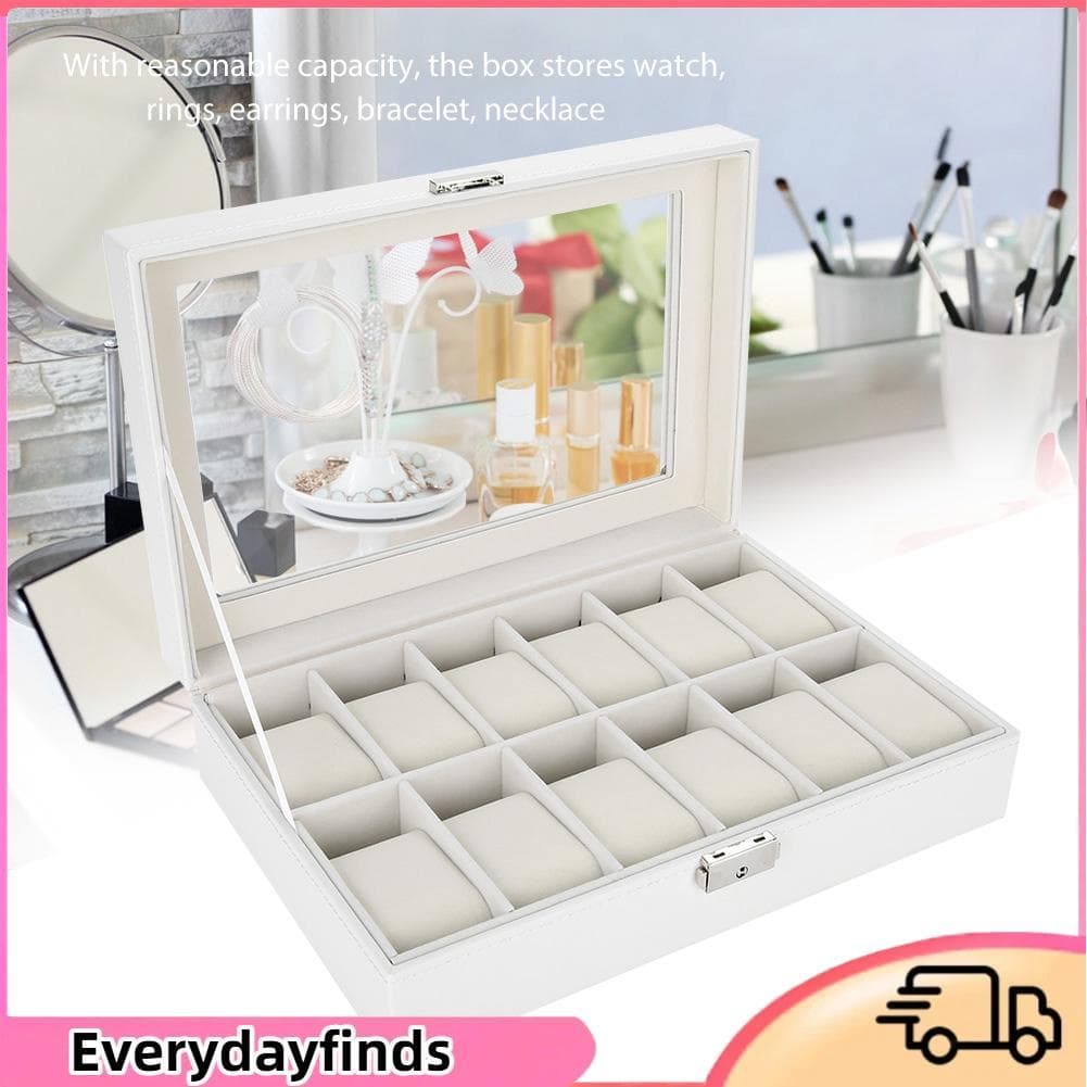 Everydayfinds-br Caixa de relógio com caixa de 12 compartimentos Vitrine Tampa de vidro de relógio com fechadura
