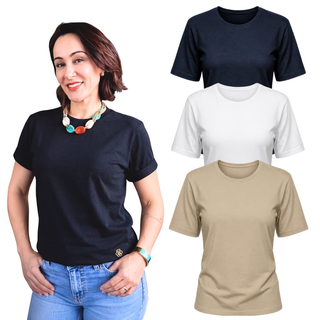 Kit C/ 3 Camiseta Feminina Básica Clássica Algodão Penteado Lisa Manga Curta