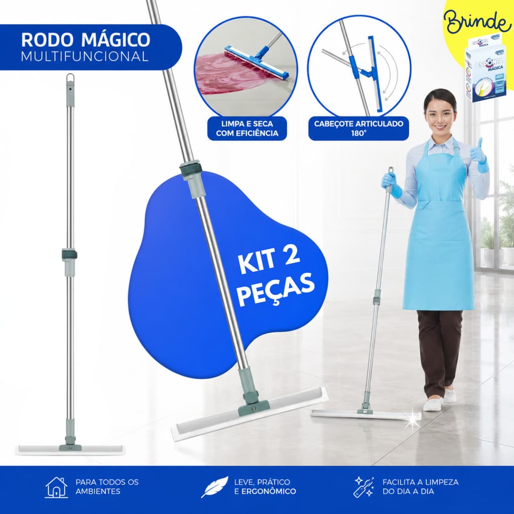 Rodo Silicone Vassoura Mágica 1,45m Limpa Seca Pisos Vidros Banheiro Rodo Profissional KIT 2 PÇS