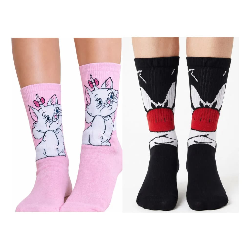 Kit 2 Meias Gata Rosa E Frajola Estampadas Personagens
