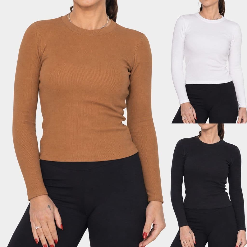 Kit 3 Blusas Canelada Ribana Manga Longa Feminina 100% Algodão Básica Gola Redonda