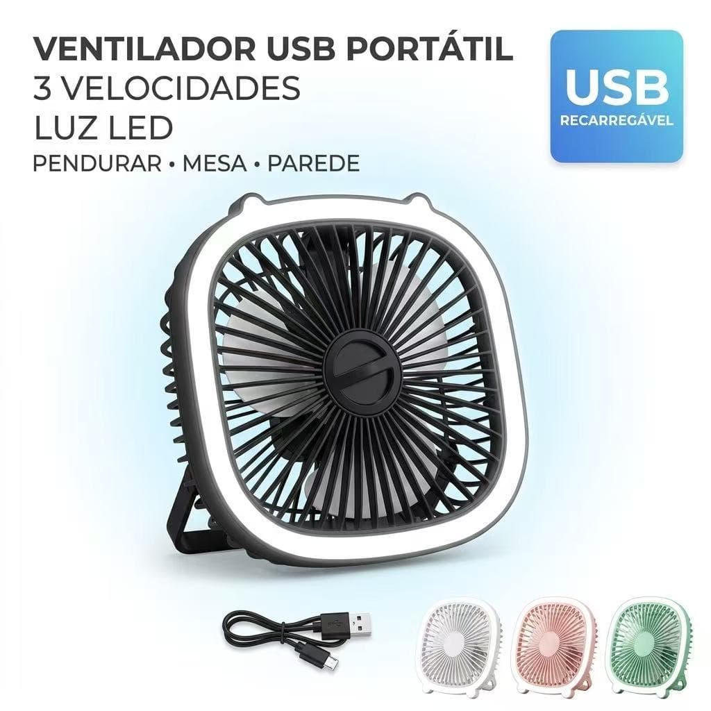 Mini Ventilador Portátil Recarregável USB LED 3 Velocidades Compacto para Viagem e Mesa
