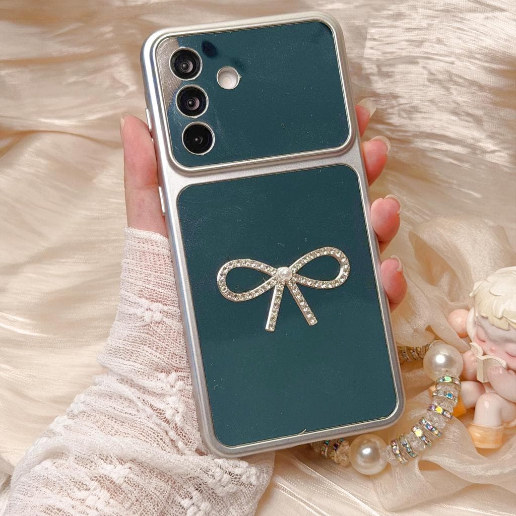 Samsung phone case with glass screen decorated with beautiful diamond bows and pearls for Samsung A27/A57/S26ULTRA/S20FE