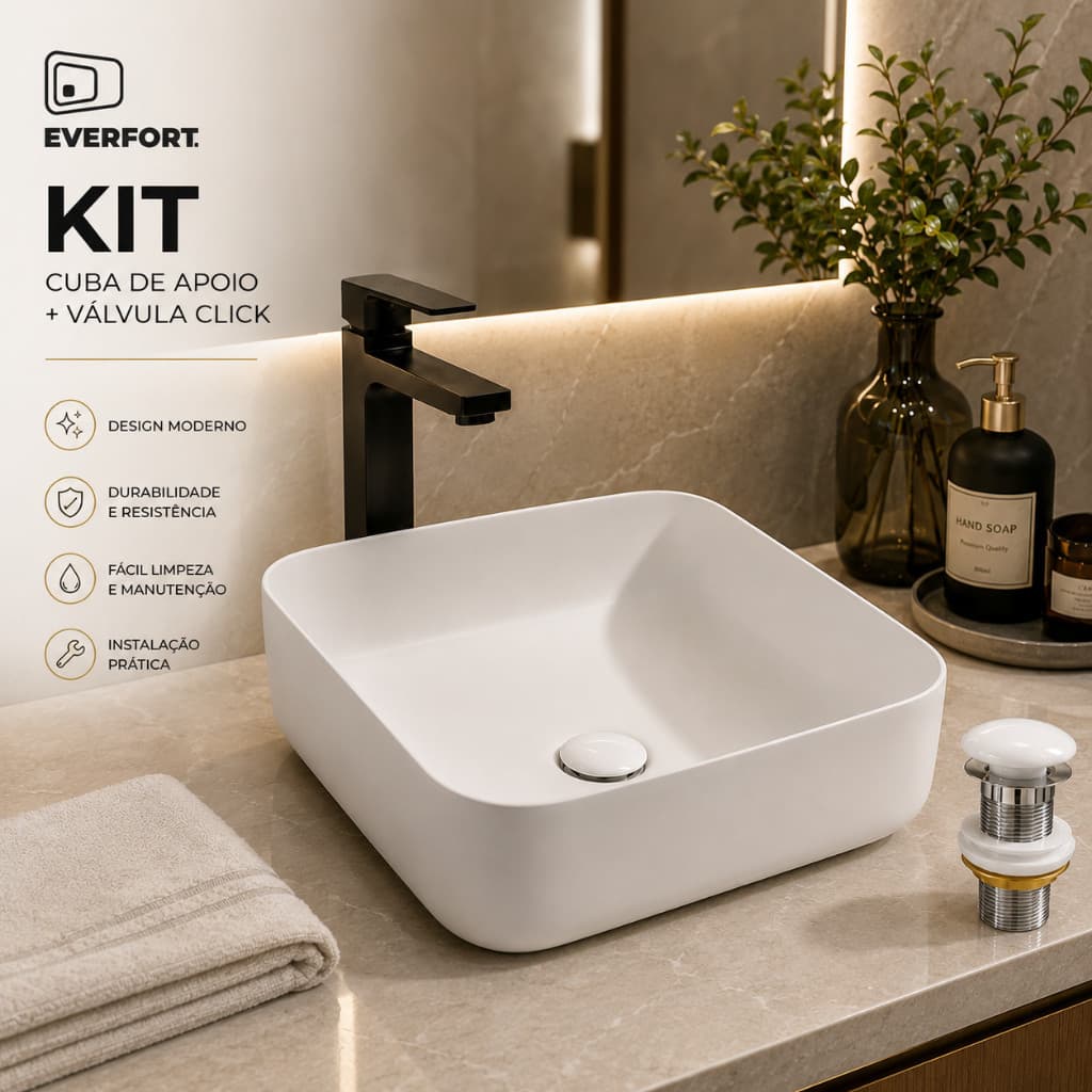 Kit Cuba Slim Quadrada 39x39 Louça C/ Válvula Click