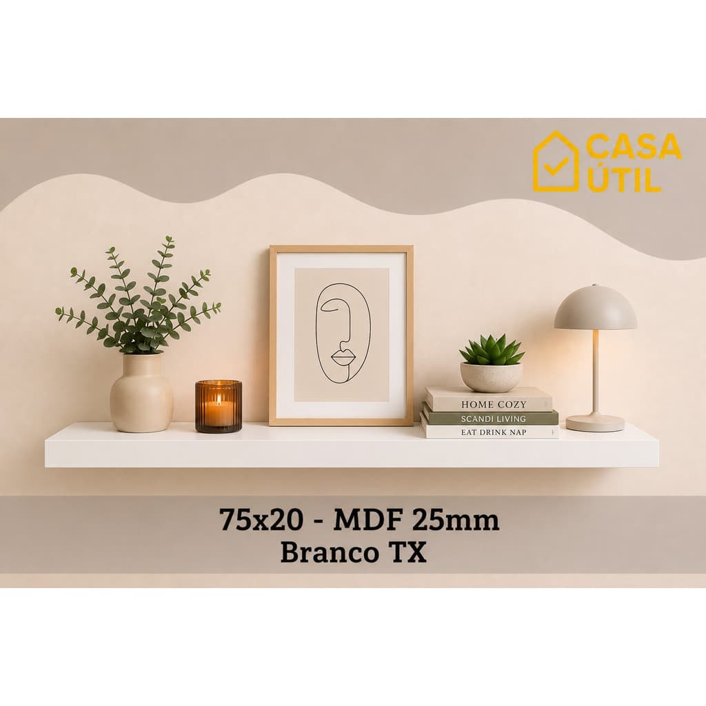 Prateleira Flutuante 75x20 cm MDF 25mm Branca com Suporte Invisível Sala, Cozinha e Quarto