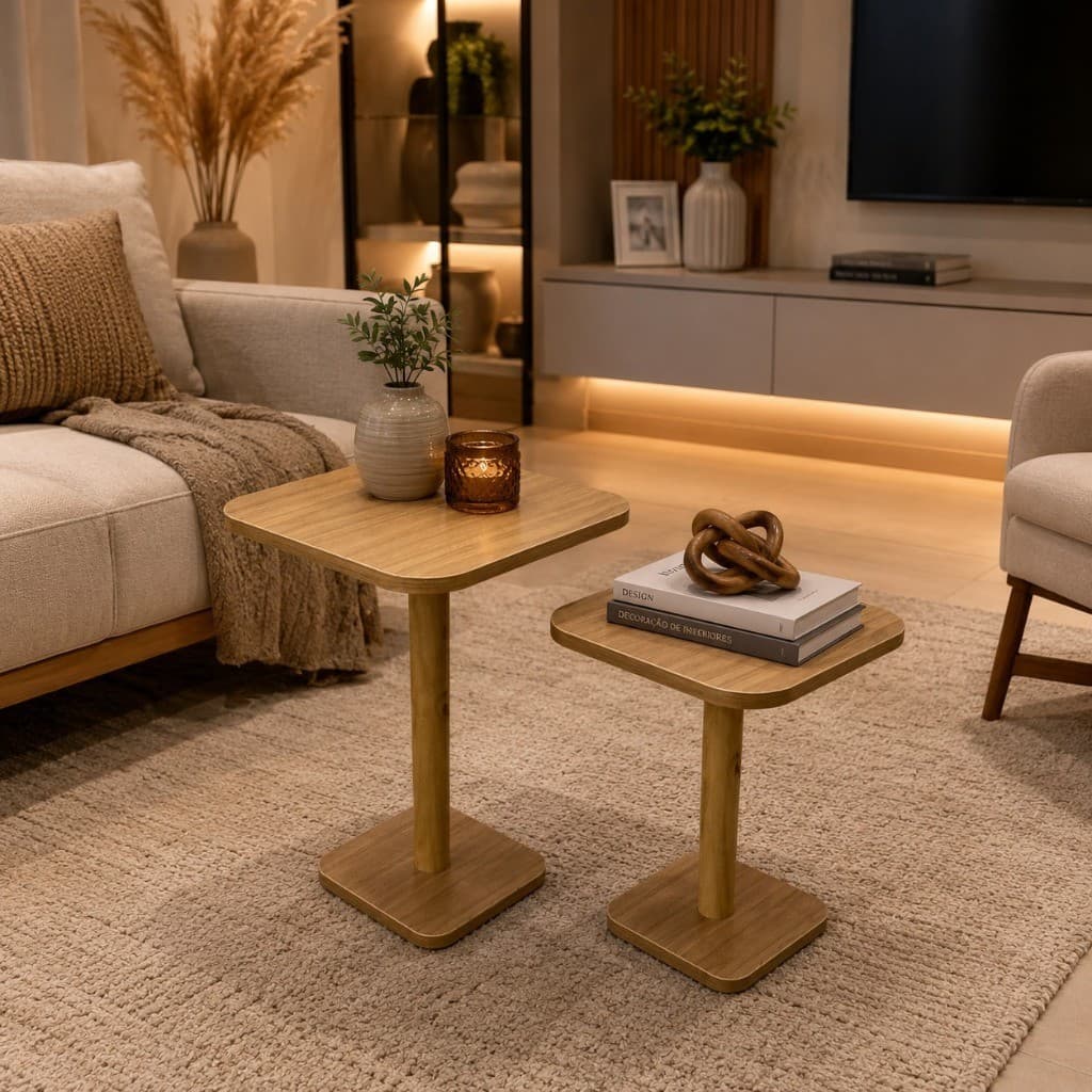 Jogo de Mesa Lateral Moderna Decorativa Quadrada MDF e Madeira Pinus Mesa de Apoio para Sala Quarto e Sofá