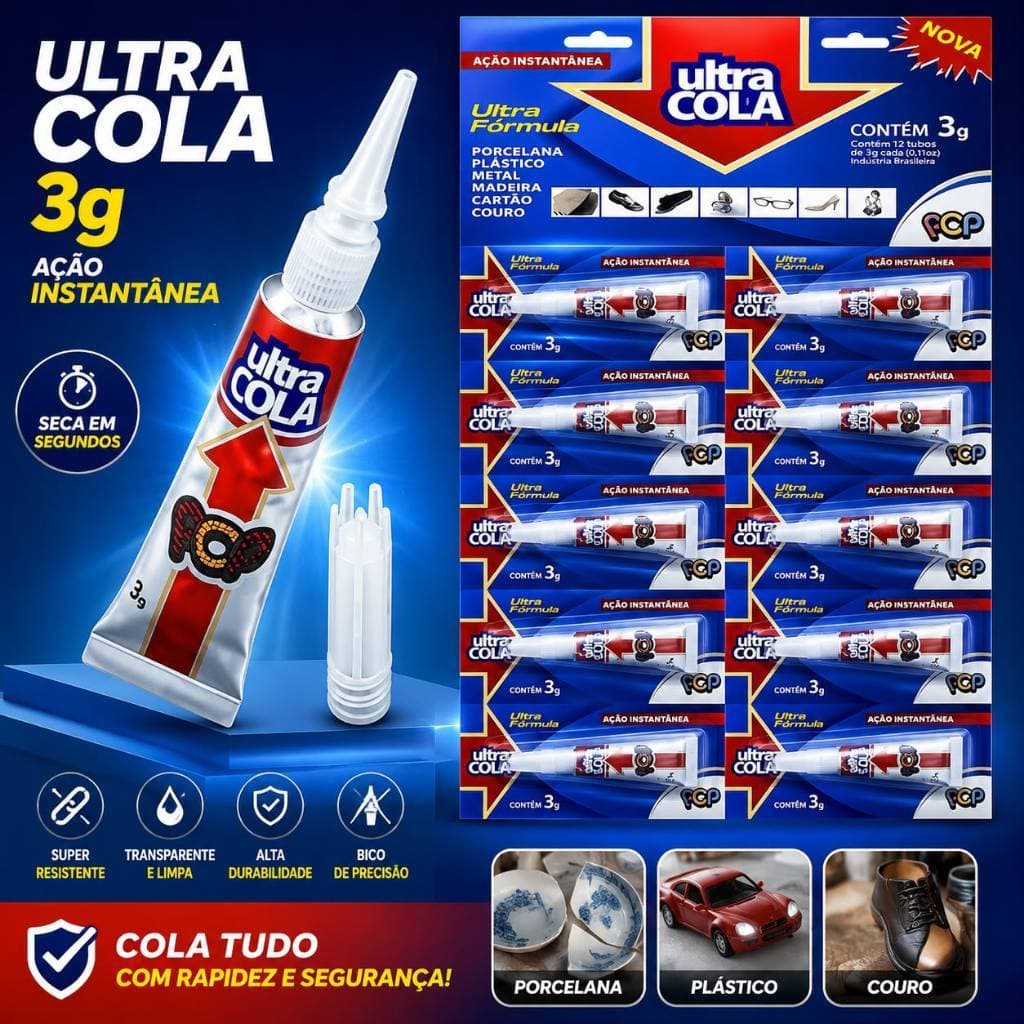Kit Cola Instantânea Ultra Cola 3g com 3-6-12 Unidades Super Adesivo Multiuso Secagem Rápida