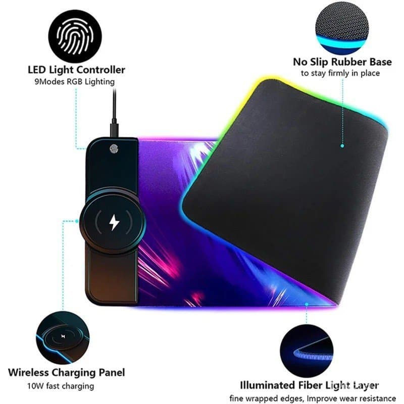 Mouse Pad com Carregamento Sem Fio de 15W, Tapete para Teclado de Computador, Base de Borracha Antiderrapante, 10 Modos