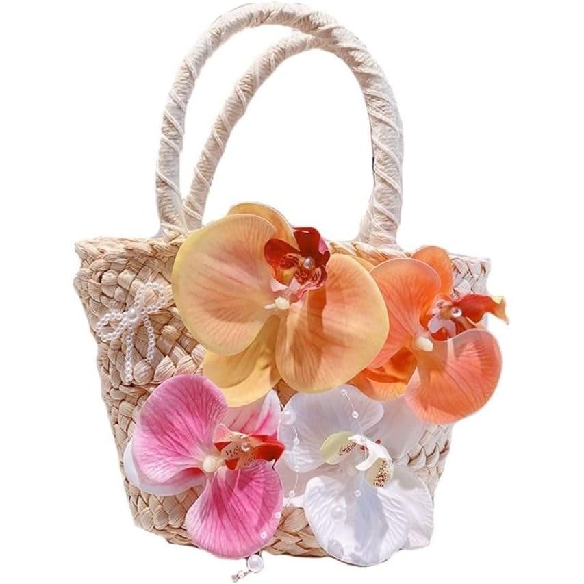 Bolsa de Palha para Praia, Bolsa de Ombro Boêmia com Flores, Bolsa de Palha Feminina, Bolsa de Praia de Verão com Flores