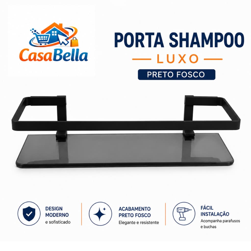 Porta Shampoo Para Banheiro Reto Quadra Luxo Vidro Preto Fumê