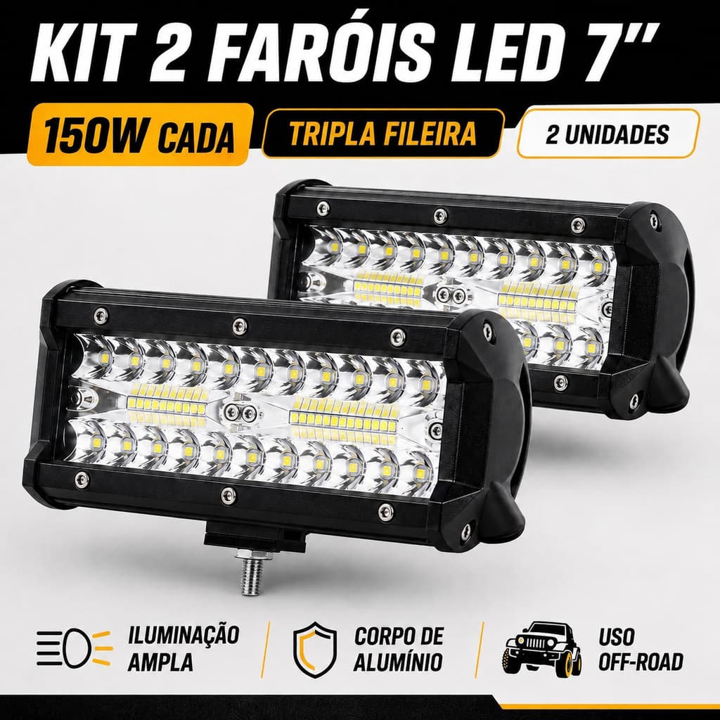 Kit 2 Faróis LED 7 Pol 150W Tripla Fileira Luz Auxiliar Off Road para Caminhonete Jeep Trator ATV