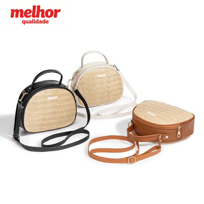 Verão palha tecido pequeno saco redondo feminino Casual portátil saco do mensageiro à beira-mar férias tecido pequeno sa