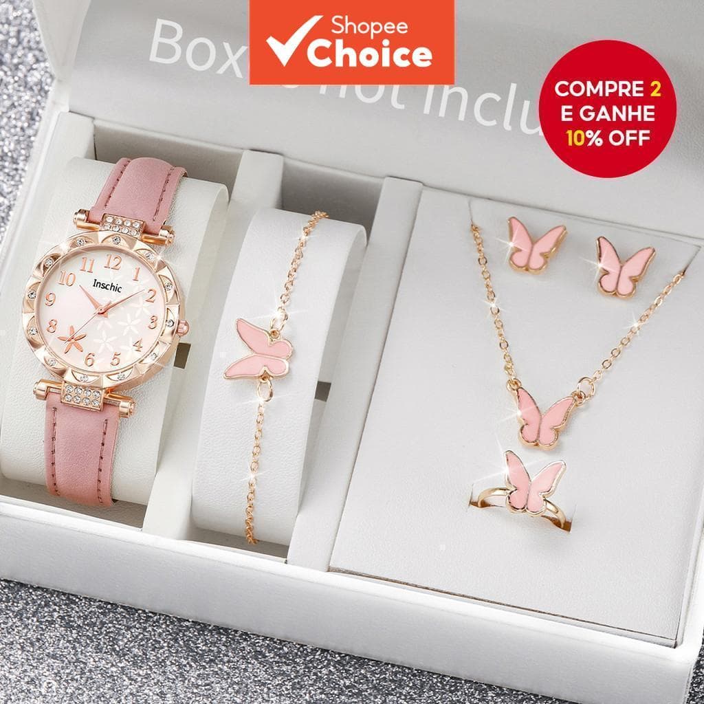 6 Pçs Moda Flores Dial Relógios Femininos Borboleta Conjunto De Jóias Pulseira De Couro Relógio De Pulso De Quartzo (Sem
