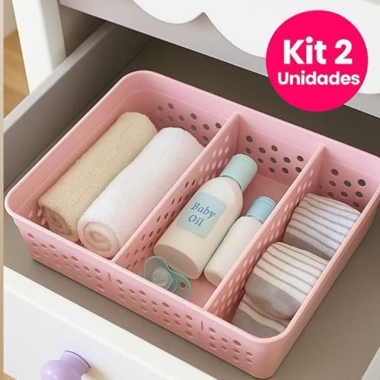 Kit 2 Cestos Organizadores com 2 Divisórias Removíveis 23x17x5,5 Caixa Organizadora Multiuso Gaveta