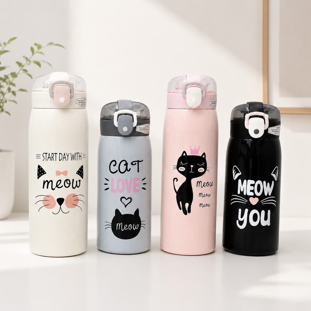 Kit Garrafa Térmica Infantil Gatinho 350ml 500ml Inox com Tampa de Trava, Copo Térmico Escolar para Água Quente e Fria