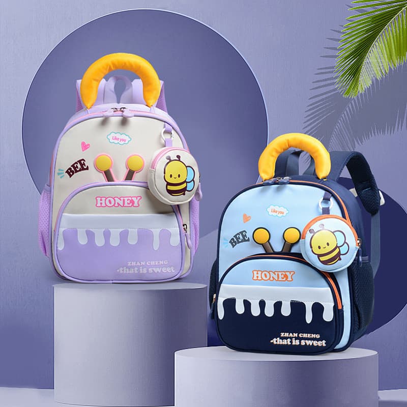 Mochila de abelha fofa para o jardim de infância, design em blocos de cor, mochila estilosa para atividades ao ar livre,
