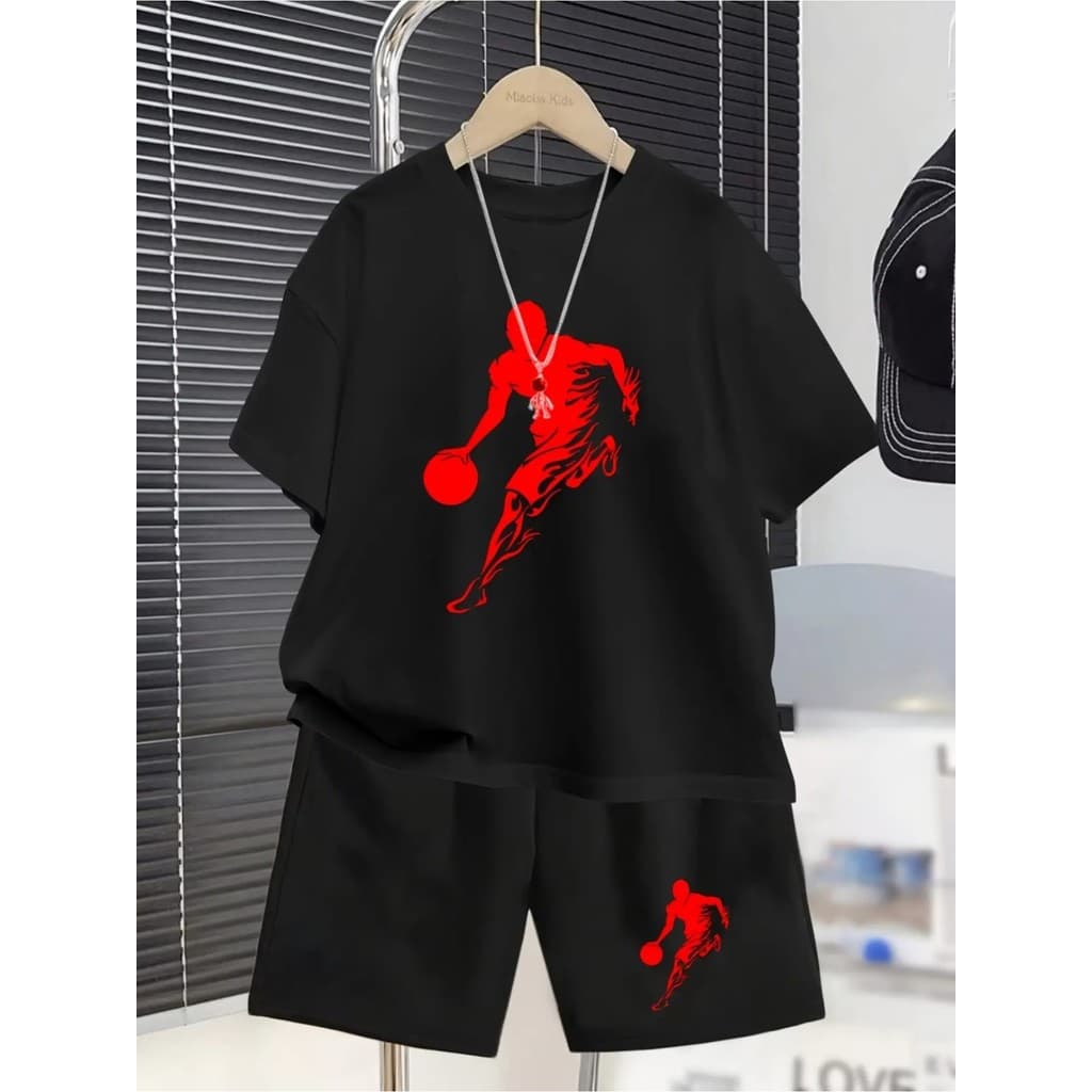 Conjunto Masculino Camiseta e Bermuda Casual Verão Estampa Jogador de Basquete Vermelho Manga Curta Shorts