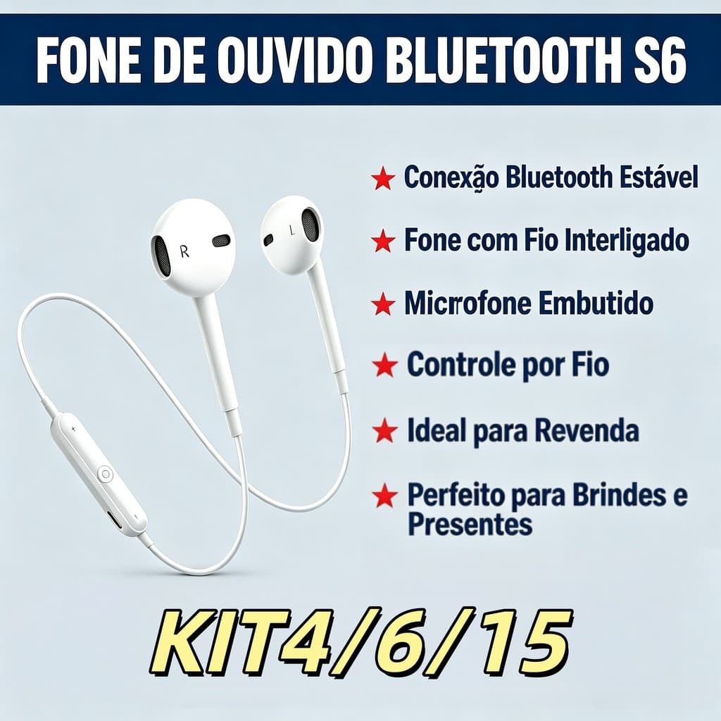 Kit 4/6 Fone Bluetooth S6 Esportivo Fio Interligado | Controle Cabo Microfone Estéreo | Revenda Brinde Presente