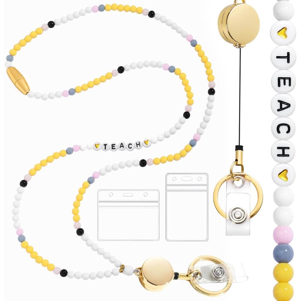 Cordões com Suporte para Crachás de Identificação para Professores, Chaves e Cartões - Amarelo e Branco, Cordão Retrátil