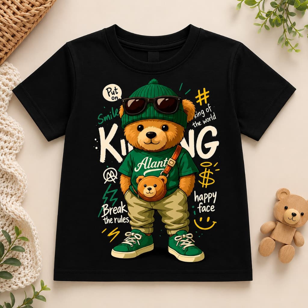 Camiseta Infantil 100% Algodão Malha Premium Gola Redonda Manga Curta Estampa Urso Menino