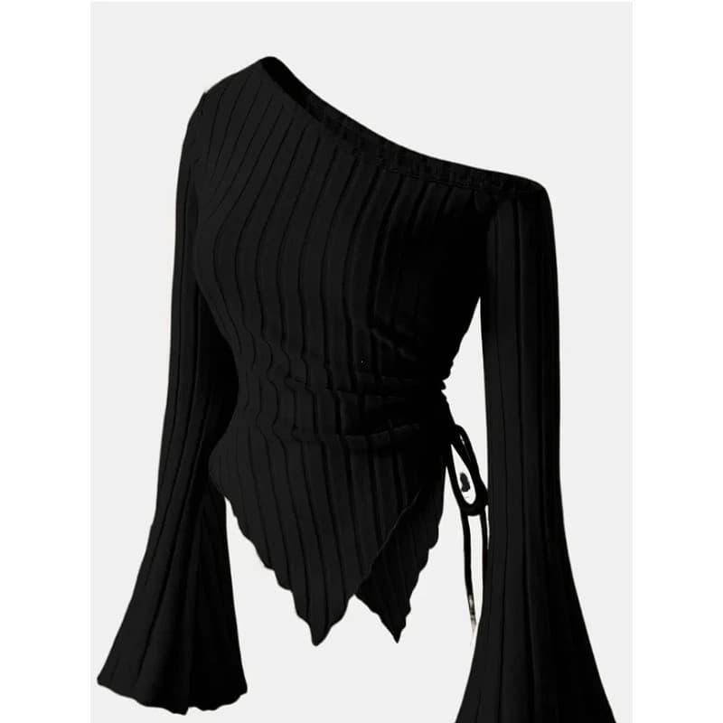 Camiseta Feminina Nova, Ombro a Ombro, Manga Longa, Ajustada, Estilo Casual Urbano, Assimétrica, Elegante, Manga Três Qu