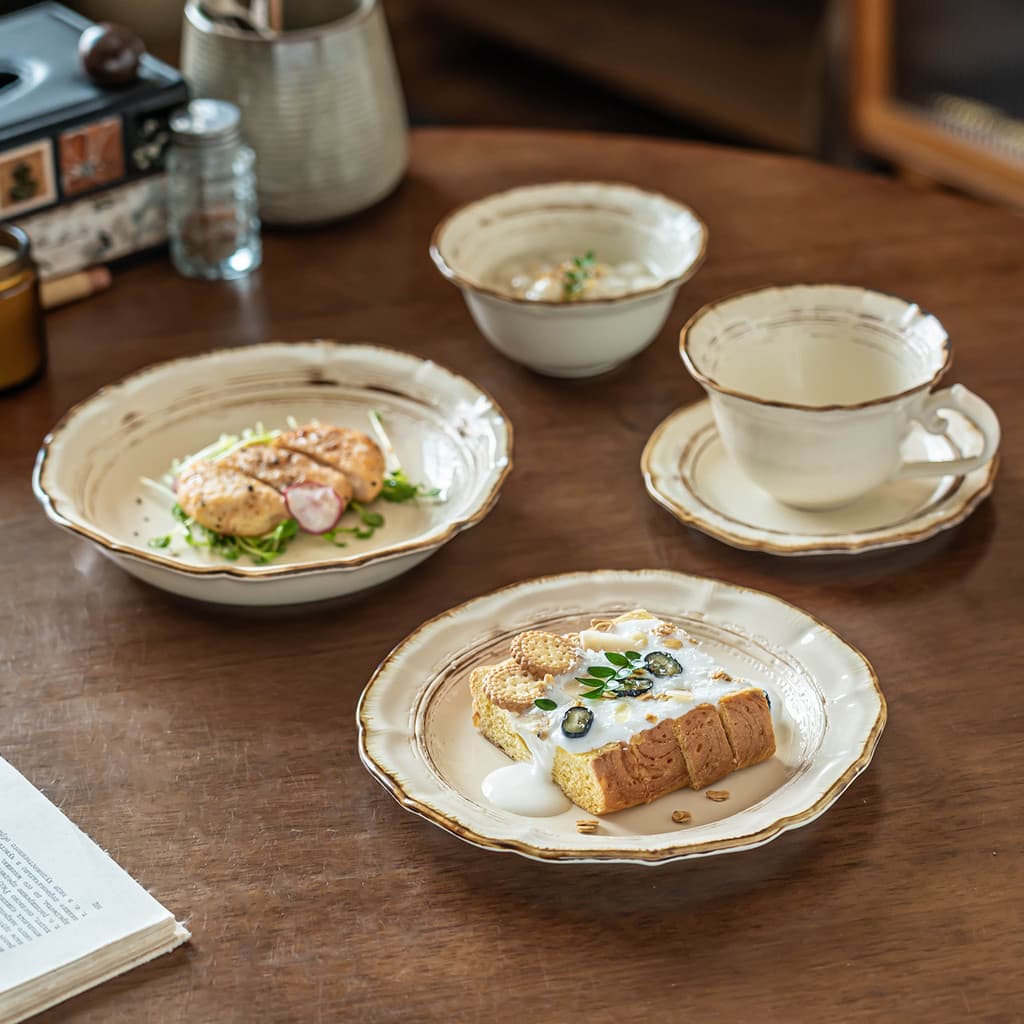 Conjunto de utensílios de mesa em estilo francês, pratos de luxo, pratos leves de estilo vintage, pratos e tigelas redon