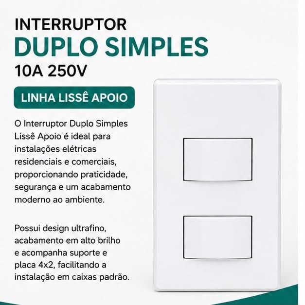 Interruptor Duplo Simples 10A 250V com Suporte e Placa 4x2 Lissê Apoio L2121