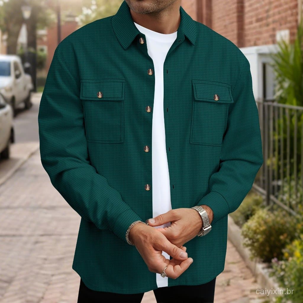 Camisa masculina verde escura, estilo primavera-outono, manga longa, com dois bolsos, fácil de combinar, estilo casual.
