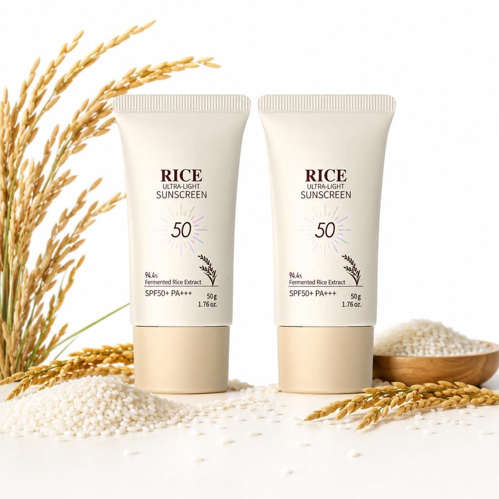 2PCS Protetor Solar Facial de Arroz com SPF50+, Novo Protetor Solar Ultra-Leve de Arroz, Fórmula Mineral de Protetor Sol