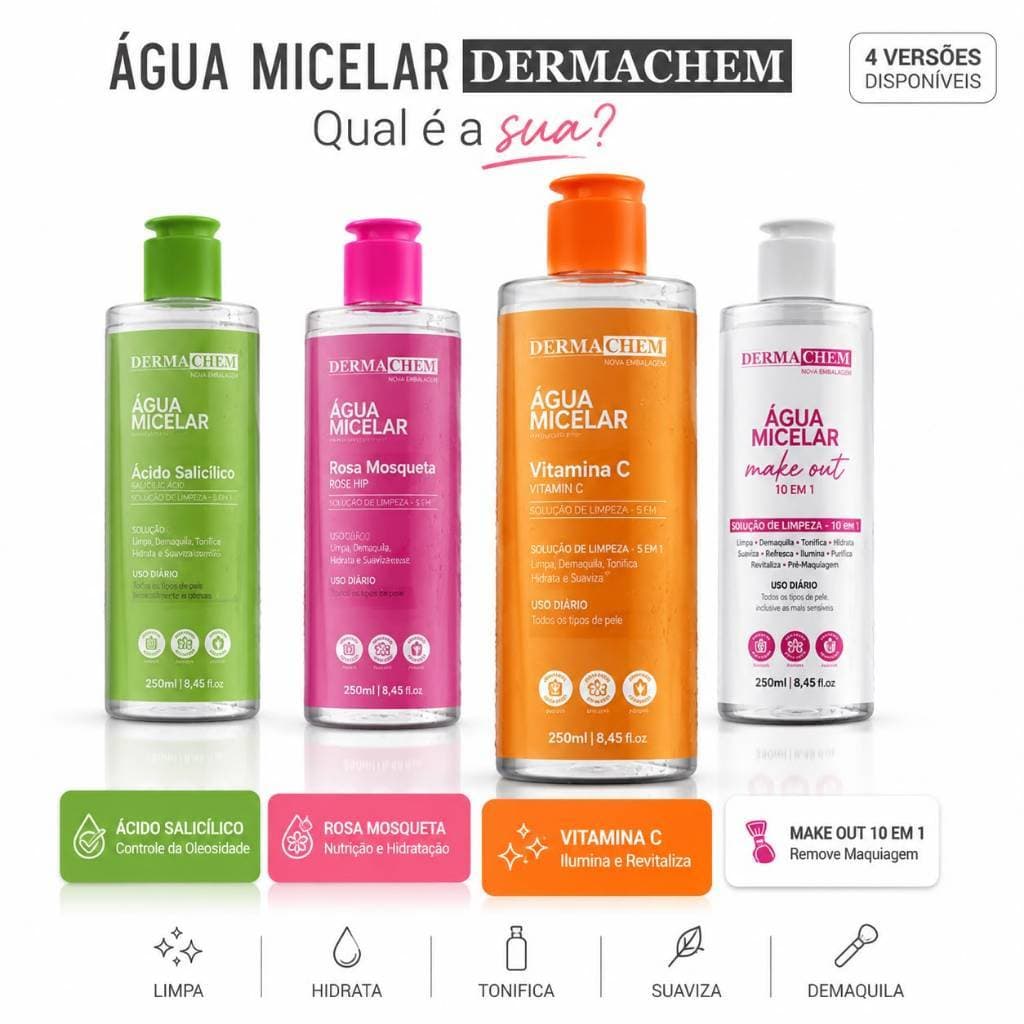 Água Micelar 5 em 1 Dermachem 250ml – Limpa, Tonifica, Demaquila, Hidrata e Suaviza Rosa Mosqueta Salicílico Vitamina C