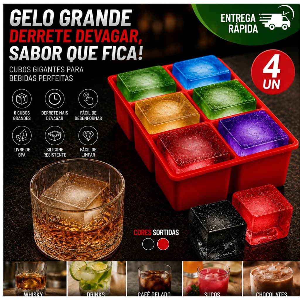 Forma Para Gelo Silicone Grande Cubos Gigantes Reutilizável Gin Whisky Café Gelado Drinks