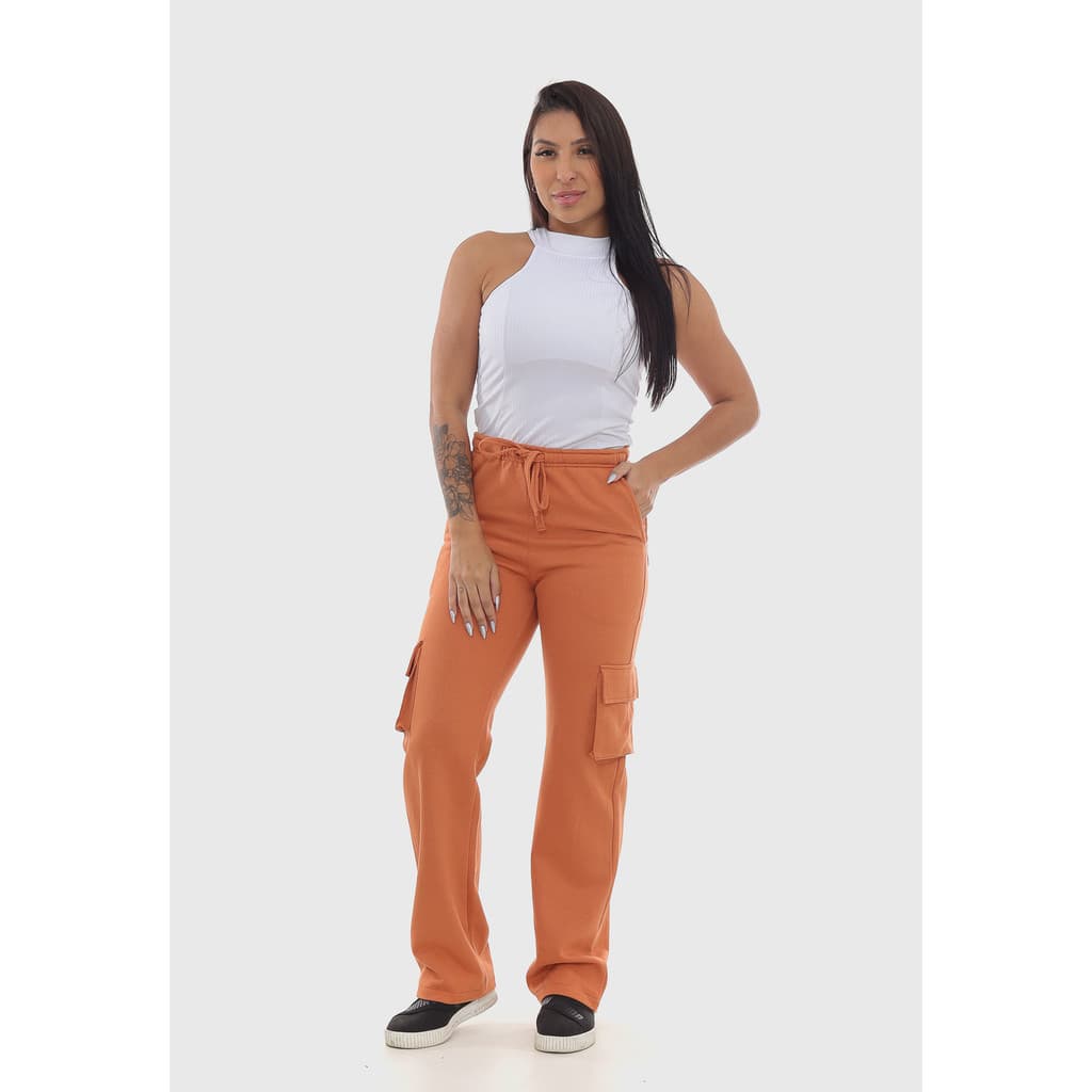 Calça Feminina Moletom Cargo Caramelo