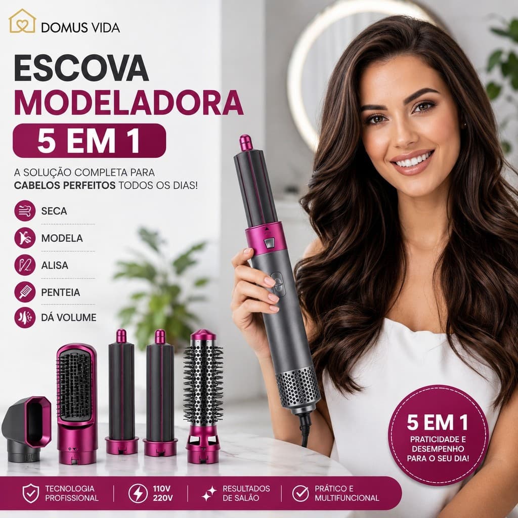 Escova Secadora 5 em 1 Multifuncional – Secador, Modelador, Pente e Volumizador Profissional 110V/220V