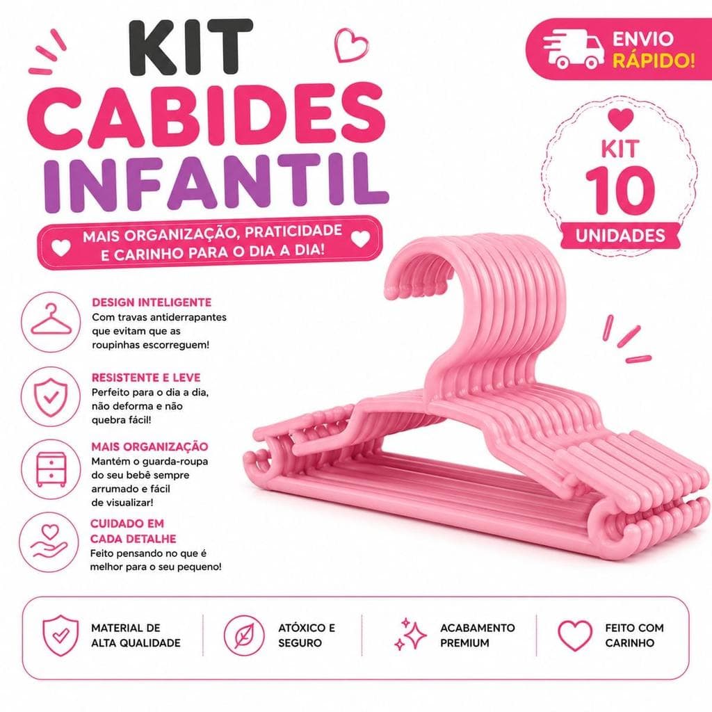 Kit de 10 Cabides Infantis - cor Rosa