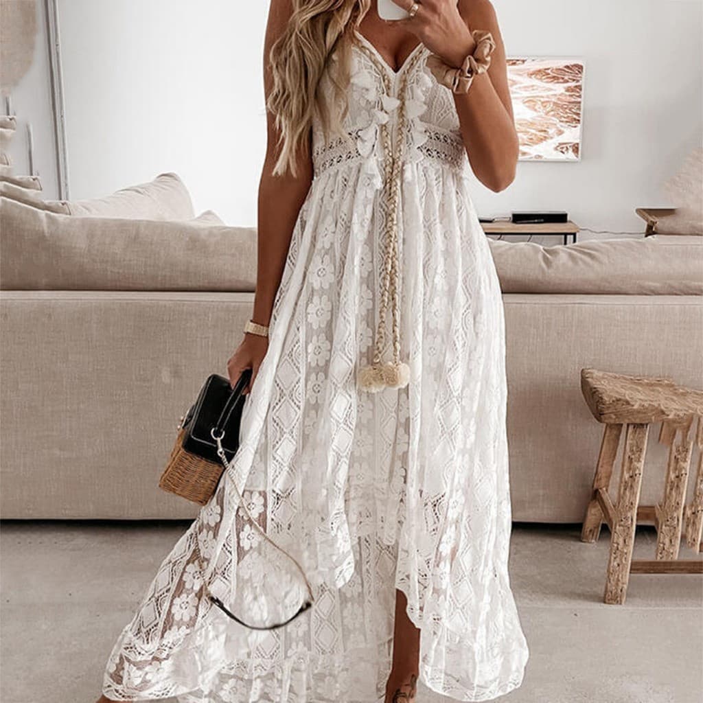 Vestido de praia estilo boêmio sem mangas com decote em V UEPE