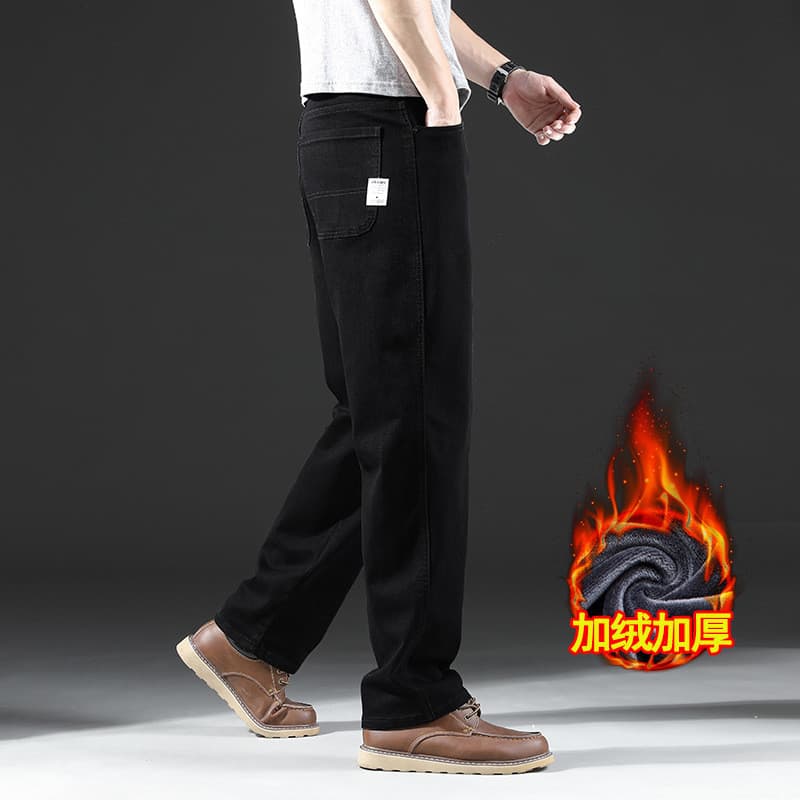 Jeans quentes masculino forro de lã estiramento tendência Casual All-Match estiramento perna larga Stra