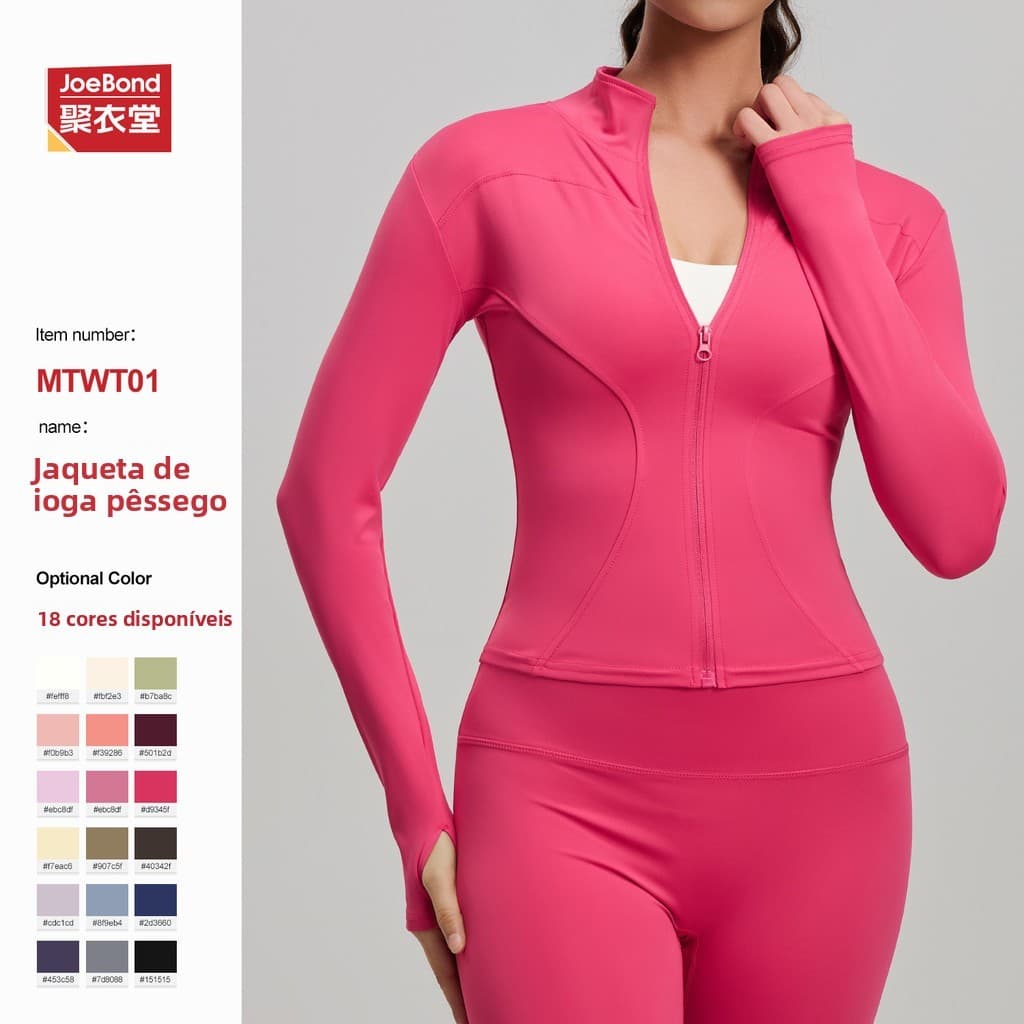 Roupa de yoga slim-fit para mulheres, jaqueta esportiva de manga longa respirável para corrida e fitness.