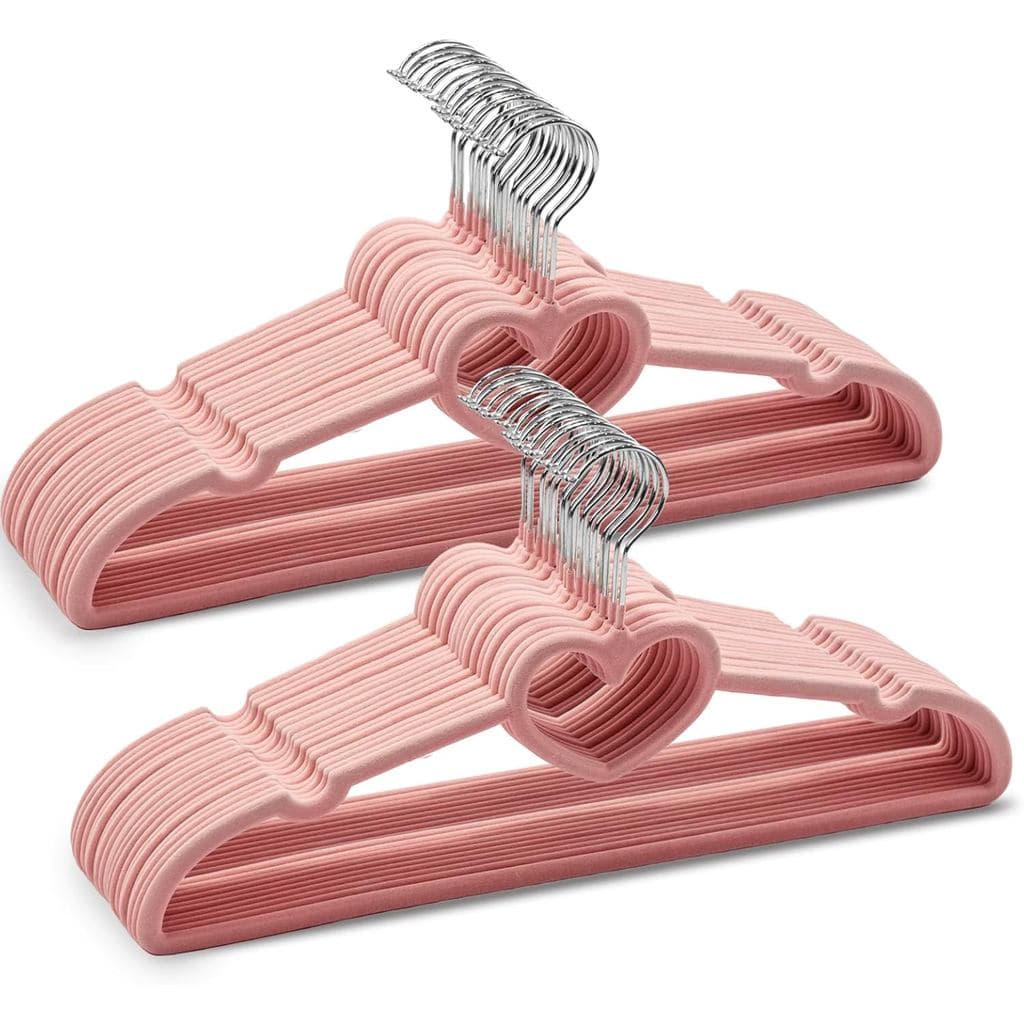 Pacote com 50 Cabides de Veludo Rosa, Cabides de Roupas com Coração Fofo e Gancho Giratório de 360 Graus, Cabide de Felt