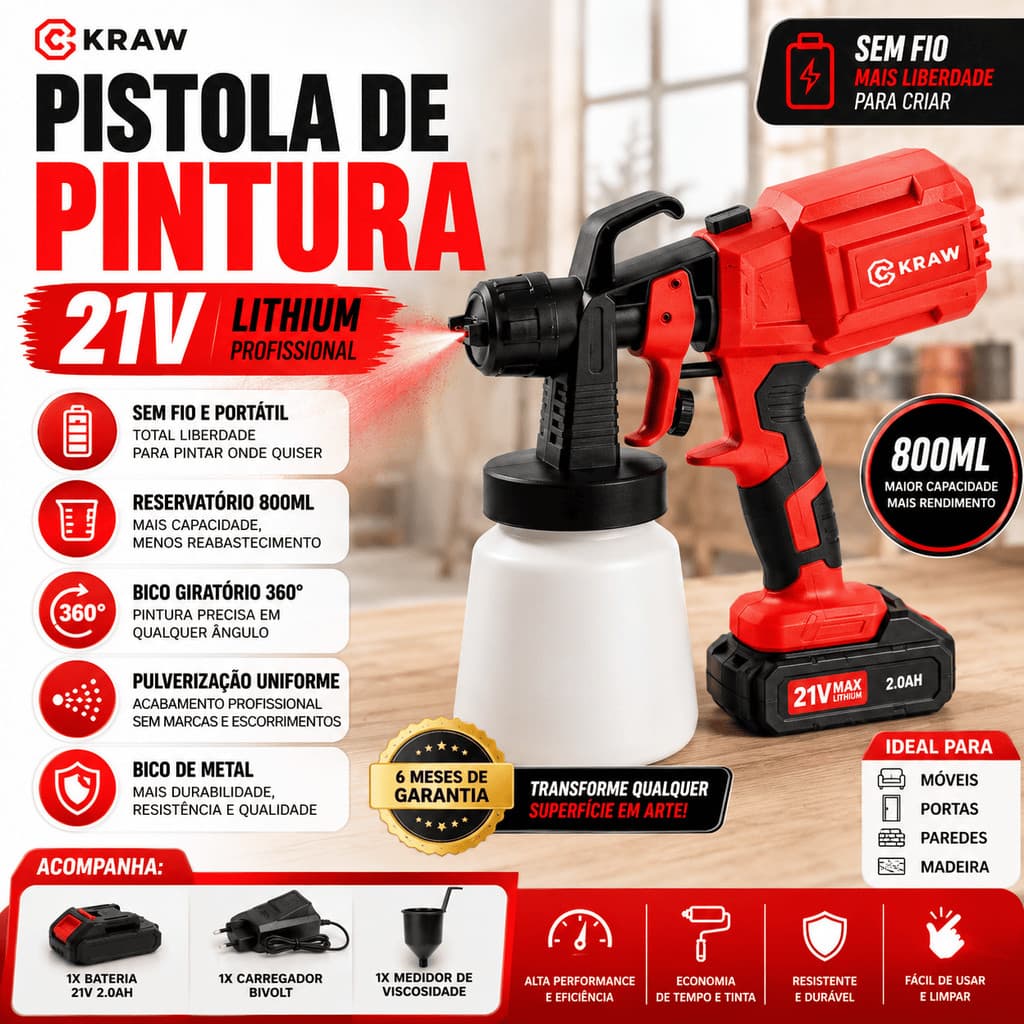 Pistola de Pintura a Bateria 21V KRAW 800ml Bico Metal 2,5mm + Bateria 2Ah Carregador Bivolt