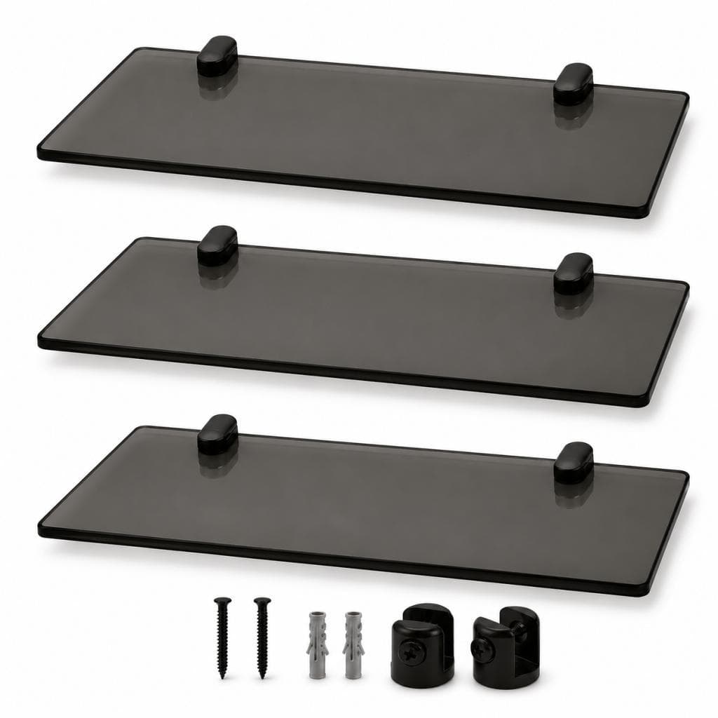 Kit com 3 Praleiras de Parede Vidro Fumê 30cm Suporte Preto para Box de Banheiro