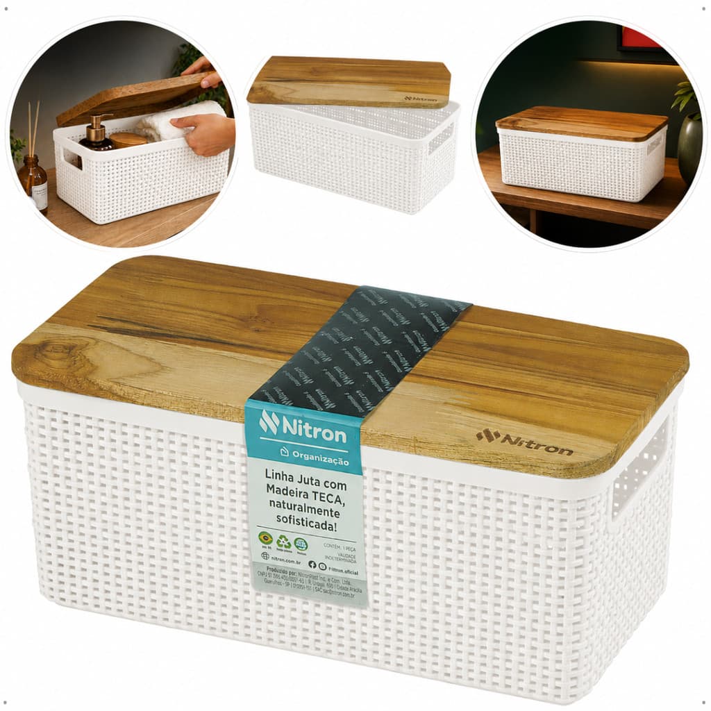 Cesto Organizador Multiuso Pequeno Casa Decorativo Tampa Madeira 1,5l Branco Plástico Resistente Organiza Ambientes