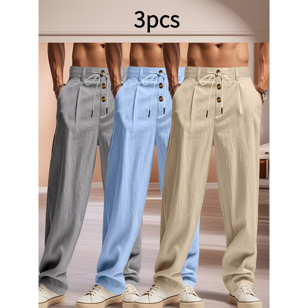 Calça Casual masculina de linho versão solta com 3 pacotes, respirável, confortável, equipada com cordão ajustável, cint