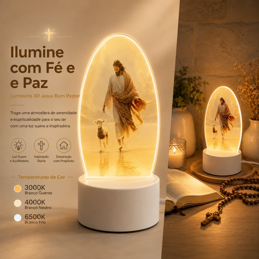 Luminária Abajur 3D Jesus Bom Pastor LED 3 Cores Presente Cristão Decoração Quarto e Mesa
