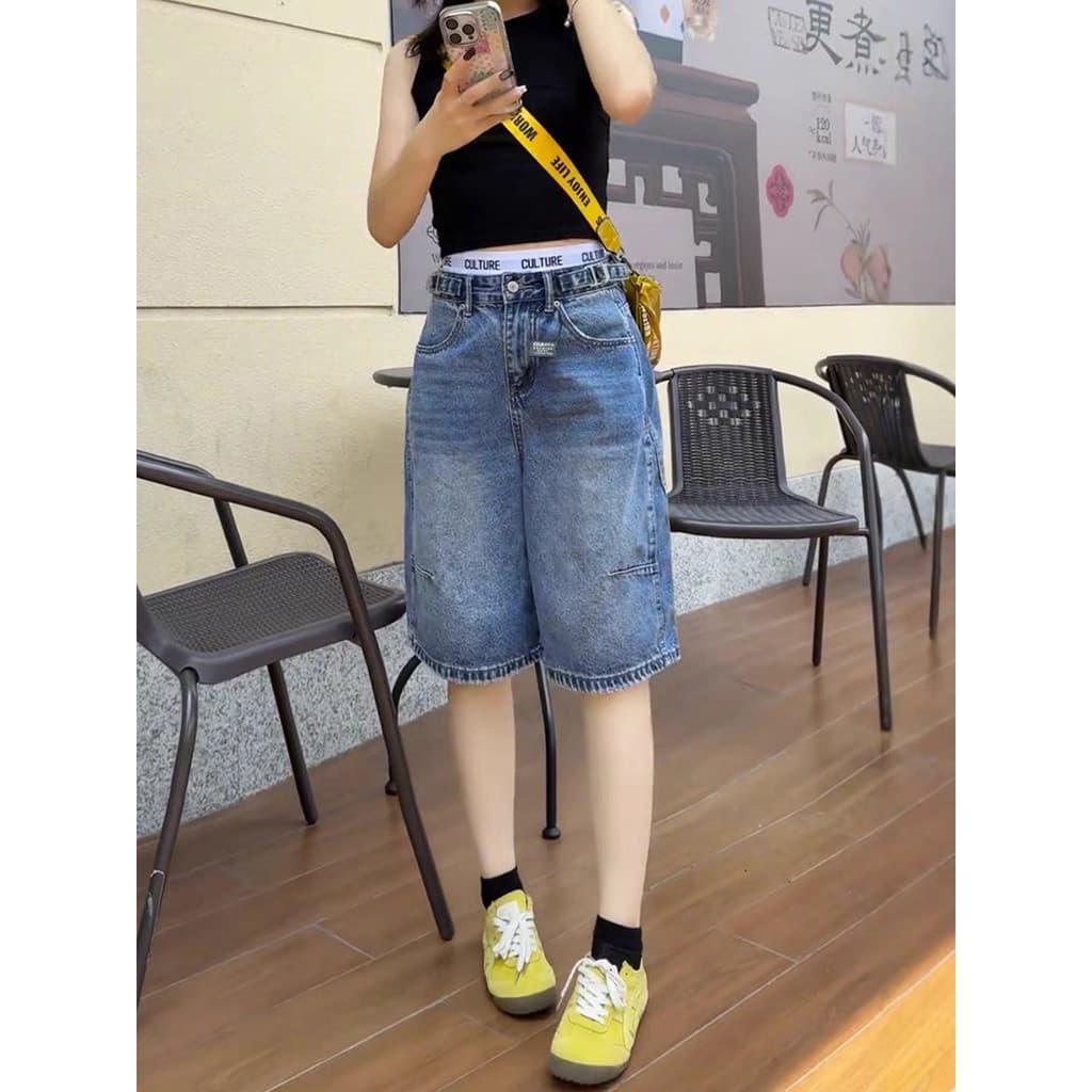 Tamanho grande Retro a linha cinco pontos Denim Shorts feminino verão gordura mm solto cintura alta mais magro olhar em