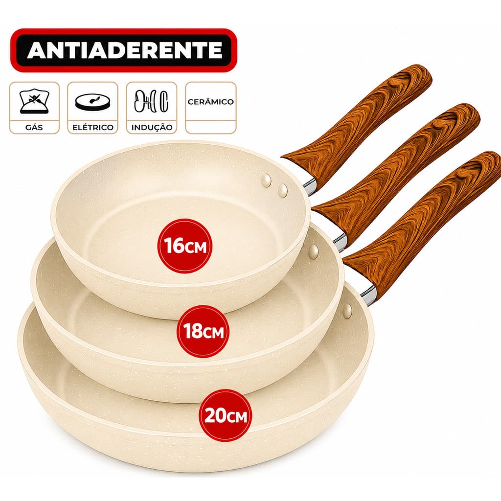 Frigideiras de Indução Antiaderente em Alumínio Creme Revestimento Cerâmico Premium Cabo cor Madeira
