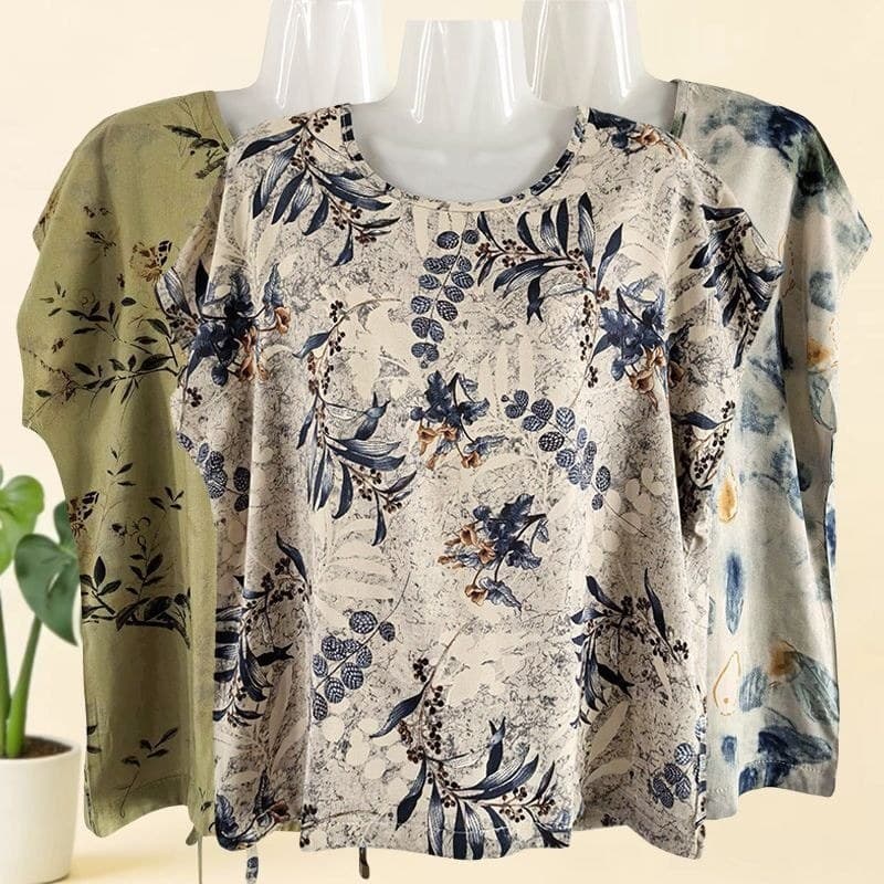 Top de seda de algodão feminino manga curta em torno do pescoço de meia-idade mãe idosa usar camiseta fina solta tamanho
